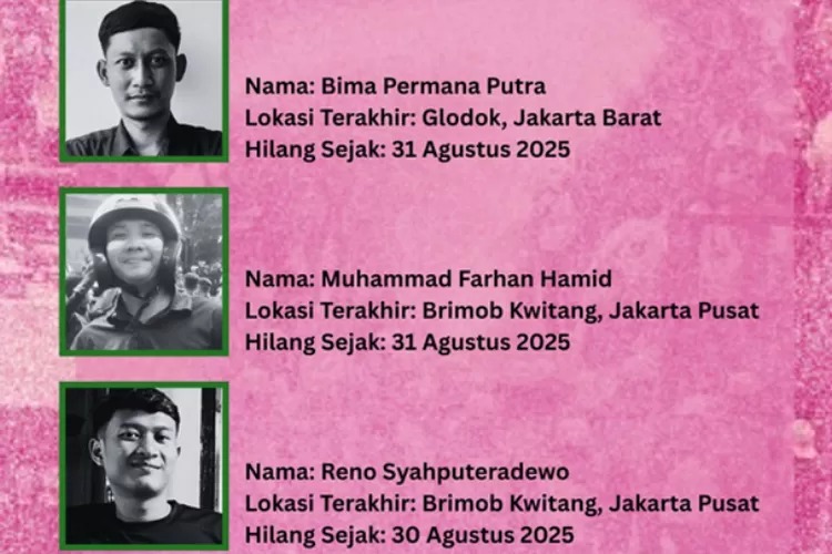 Daftar nama tiga orang yang masih hilang pasca demo akhir Agustus 2025. (X@kontras)